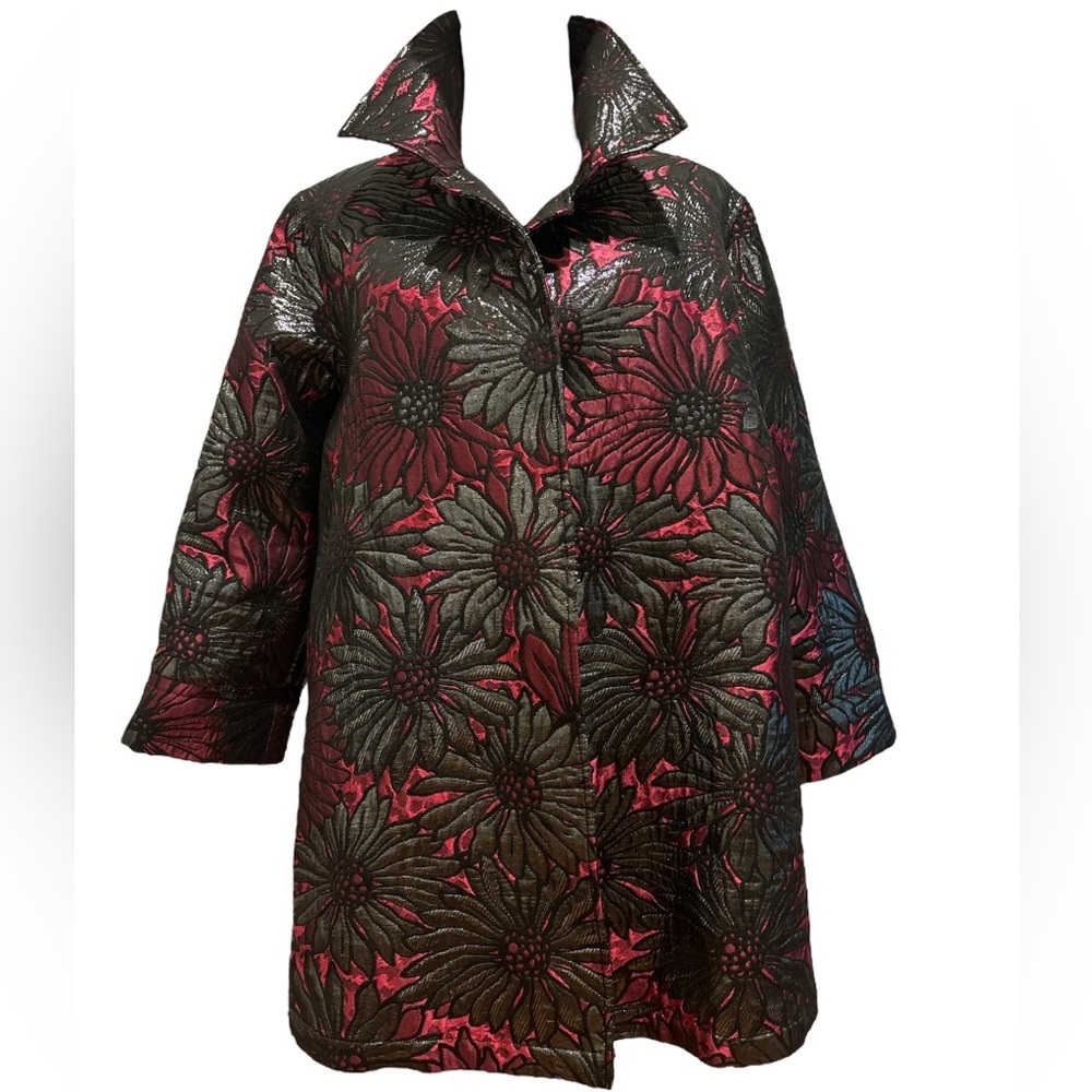 CAROLINE ROSE RED BLACK & METALLIC PEWTER LARGE BOLD FLORAL OVERSIZED JACKET L - Picture 2 of 8